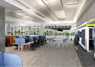 Call Centre Integration in Open Office A dedicated call centre was created within an open office using non-destructive, design-forward acoustic solutions. Glass wall partitions, ceiling baffles, acoustic wall panels, and desk dividers were seamlessly integrated to enhance privacy, control noise, and maintain a cohesive aesthetic.